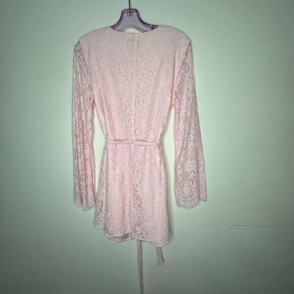 Marjorelle Pale Pink Lace Long Sleeve Tie Waist Kimono Wrap Mini Dress Robe M - Picture 5 of 12